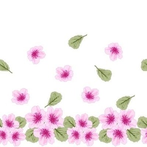 Cherry Blossoms- border stripe with pink cherry blossoms and green leaves on a white background.