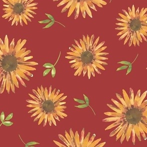 Large scale watercoloured sunflower and leaves on a warm brick red background - for large scale apparel, warming autumn bed throws, cozy pillows and more.