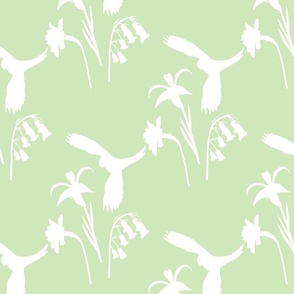 Lorikeet, Soaring into Spring #2 (rows) - white silhouettes on pastel jade green, medium 