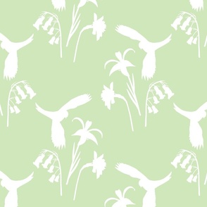 Lorikeet, Soaring into Spring #1 - white silhouettes on pastel jade green, medium 
