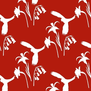 Lorikeet, Soaring into Spring #2 (rows) - white silhouettes on crimson red, medium 