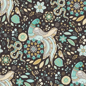 phoenix, snakes and flowers on dark brown | medium