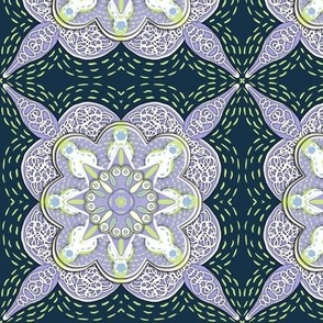 Honeydew and lilac Lacy mandala flower tiles small on midnight blue small