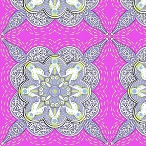 Honeydew and lilac Lacy mandala tiled flowers small On hot pink 