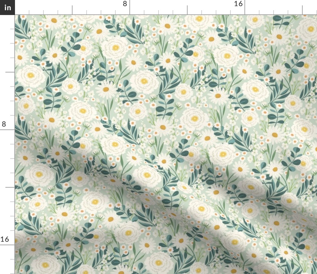 White Pretty Floral Mint 7 in repeat