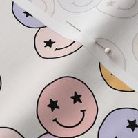 Freehand smileys - nineties revival happy smiley icons on vintage pink blush lilac yellow 