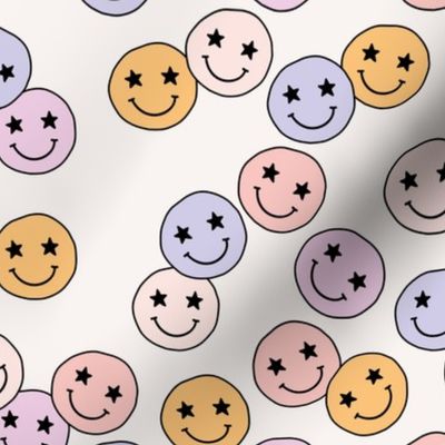 Freehand smileys - nineties revival happy smiley icons on vintage pink blush lilac yellow 