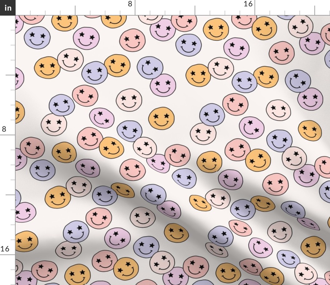 Freehand smileys - nineties revival happy smiley icons on vintage pink blush lilac yellow 
