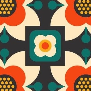 0885 - geometric poppy flowers, orange, green