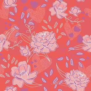 big// Peonies in Bloom graphic leaves - Bright Coral red