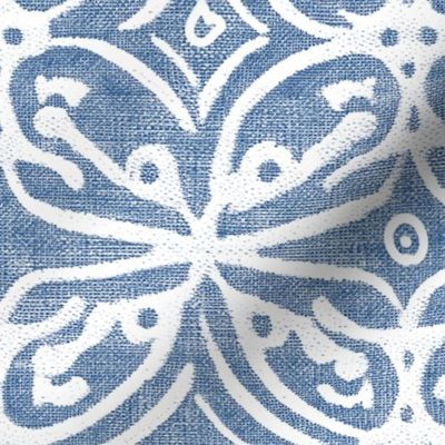 Boho Rubber Blockprint Off-white ornaments on blue with linen structure - medium scale