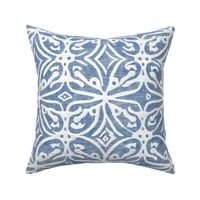 Boho Rubber Blockprint Off-white ornaments on blue with linen structure - medium scale