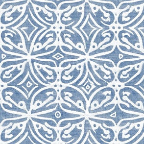 Boho Rubber Blockprint Off-white ornaments on blue with linen structure - medium scale