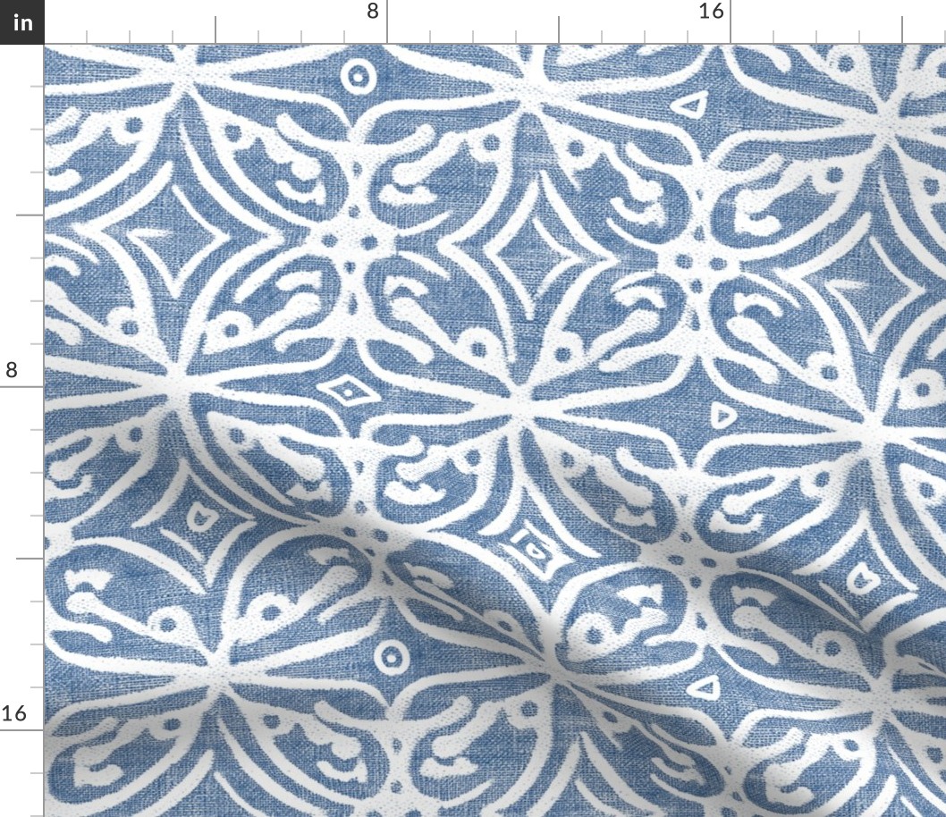 Boho Rubber Blockprint Off-white ornaments on blue with linen structure - medium scale