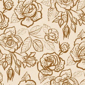 Large Roses Line Art Gold and Cream Pastel Linen Texture