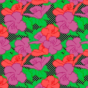 Bold Hibiscus Flowers on Green Black Grid