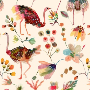 Ostriches and Florals Large_Ivory