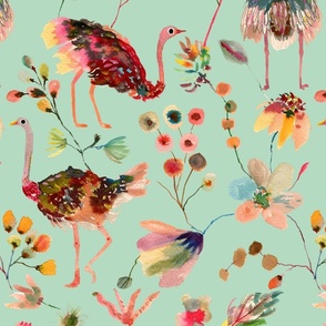 Ostriches and Florals Large_Aqua Green