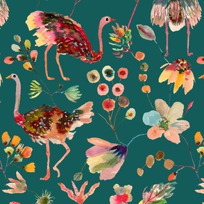 Ostriches and Florals Large_emerald