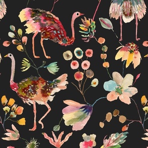 Ostriches and Florals Large_Black