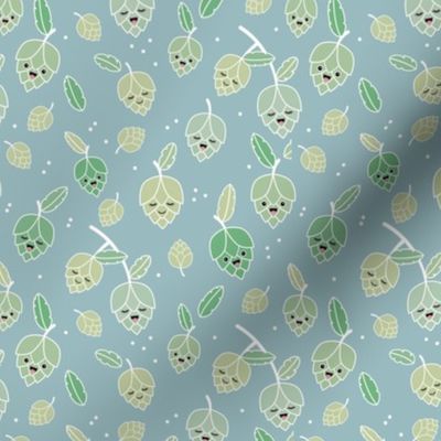 Cheers for beer - Adorable Kawaii hop plants and leaves for beer lovers green on cool blue