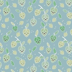 Cheers for beer - Adorable Kawaii hop plants and leaves for beer lovers green on cool blue