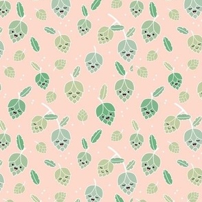 Cheers for beer - Adorable Kawaii hop plants and leaves for beer lovers green on blush peach 