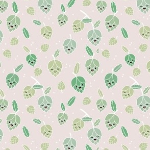 Cheers for beer - Adorable Kawaii hop plants and leaves for beer lovers green on beige neutral