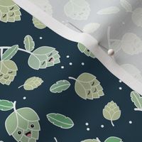 Cheers for beer - Adorable Kawaii hop plants and leaves for beer lovers green on navy blue 