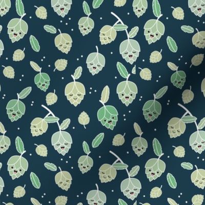 Cheers for beer - Adorable Kawaii hop plants and leaves for beer lovers green on navy blue 