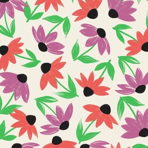 Echinacea Bright Flowers, Ditsy Coneflower Pattern, Green, Coral Red and Purple