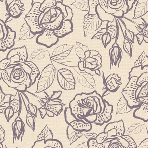 Large Roses Line Art Lilac Grey and Cream Pastel Linen texture
