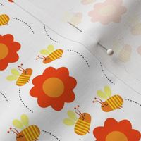 Bees buzzing / flowers / white background / orange / yellow / honey bee