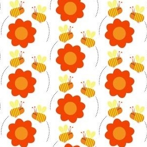 Bees buzzing / flowers / white background / orange / yellow / honey bee