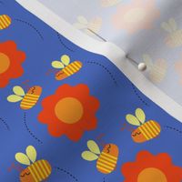 Bees buzzing / flowers / blue background / orange  /  honey bee