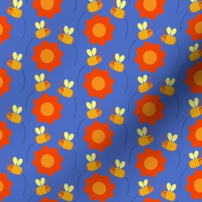 Bees buzzing / flowers / blue background / orange  /  honey bee