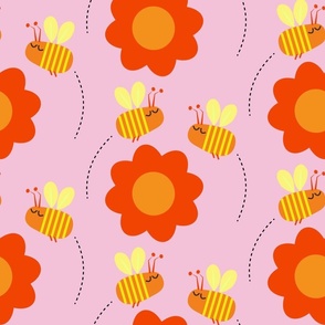 Bees buzzing / flowers /pink  background / honey bee