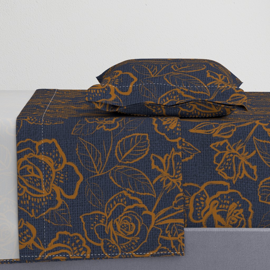 Large Roses Line Art Gold Sienna and Navy Blue Linen Texture