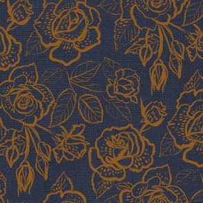 Large Roses Line Art Gold Sienna and Navy Blue Linen Texture