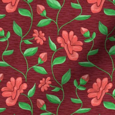 Blooming Vines in Coral Grass Green and Burgundy Red