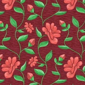 Blooming Vines in Coral Grass Green and Burgundy Red