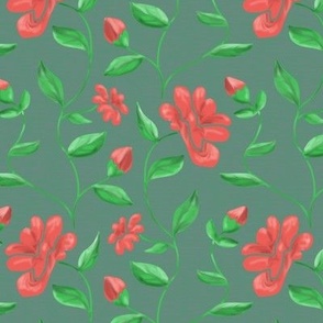 Blooming Vines in Coral and Grassy Green