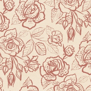 Large Roses Line Art Marsala and Cream Pastel Linen TExture