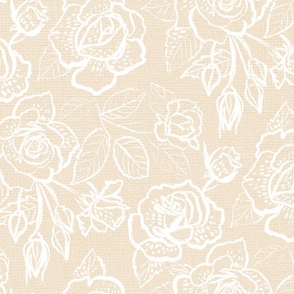 Large Roses Line Art White and Cream Pastel Linen Texture