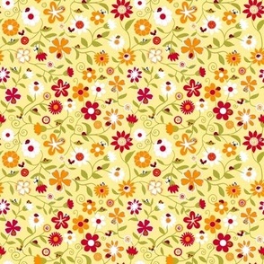 Ditsy flowers and ladybugs in red, orange and yellow 