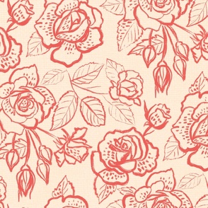 Large Roses Line Art Red and Cream Pastel Linen Texture