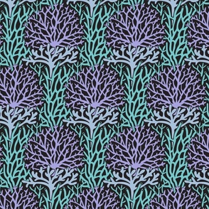 Coral Gardens Coastal Beach Undersea - Petal Coordinates Lilac Purple Sky Blue with Turquoise on Black - SMALL Scale - UnBlink Studio by Jackie Tahara