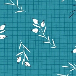 White leaves and berries on grid background. Petal solids-lagoon
