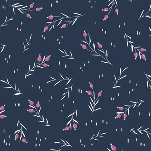 Pink berries on navy background, large scale. Petal solids-navy, peony