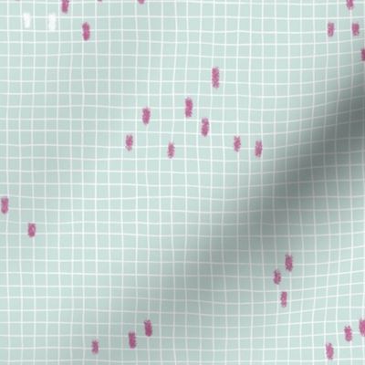 White grid with pink brush strokes. Petal solids-sea glass, peony